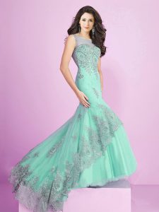 Mermaid Scoop Apple Green Clasp Handle Prom Gown Appliques and Ruching Sleeveless Brush Train