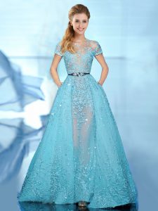 Dazzling Scoop With Train A-line Short Sleeves Baby Blue Prom Evening Gown Brush Train Zipper