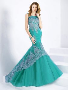 Attractive Scoop Turquoise A-line Embroidery Homecoming Dress Zipper Organza Sleeveless Floor Length