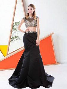A-line Prom Evening Gown Black Scoop Satin Sleeveless Floor Length Zipper