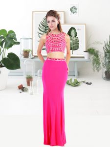 Modest Scoop Beading Homecoming Dress Hot Pink Backless Sleeveless With Train Sweep Train