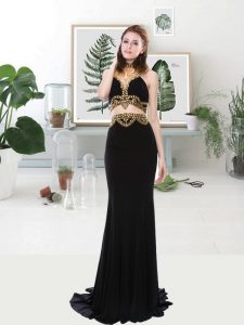 Fantastic With Train Zipper Evening Dress Black for Prom and Party with Beading Sweep Train