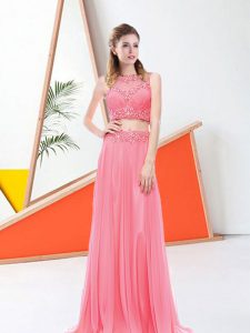 Lovely Rose Pink Side Zipper Bateau Beading Prom Gown Chiffon Sleeveless