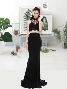 Unique Black Sleeveless With Train Beading Zipper Prom Dresses