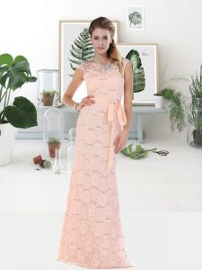 Chic Halter Top Pink Empire Lace and Belt Prom Gown Zipper Lace Sleeveless