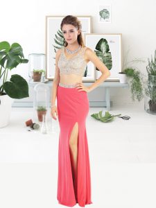 Hot Pink Two Pieces Sequins Prom Party Dress Zipper Elastic Woven Satin Sleeveless Floor Length
