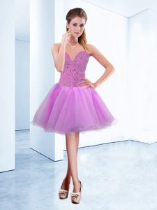 Custom Design Purple A-line Beading Prom Dress Lace Up Organza Sleeveless Knee Length