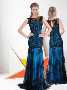 Blue And Black Lace Zipper Prom Gown Sleeveless Floor Length Lace