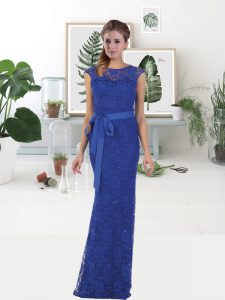 Popular Scoop Sleeveless Lace and Belt Zipper Homecoming Dress with Navy Blue Sweep Train