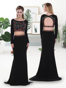 Charming Black Bateau Neckline Appliques Prom Evening Gown Long Sleeves Clasp Handle