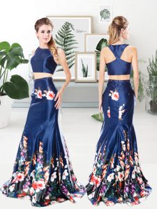 Custom Designed Printed Navy Blue Scoop Criss Cross Pattern Prom Evening Gown Sleeveless