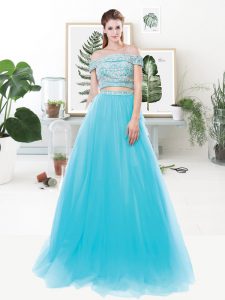 Custom Fit Off The Shoulder Short Sleeves Sweep Train Zipper Prom Gown Baby Blue Organza