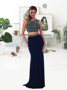 Sweep Train Empire Dress for Prom Navy Blue Scoop Chiffon Sleeveless Backless