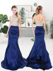 Artistic Halter Top Navy Blue Sleeveless Beading Floor Length Prom Dress
