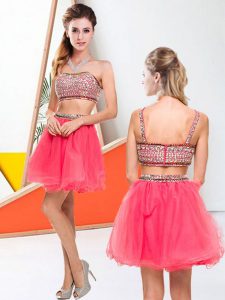 Halter Top Mini Length Zipper Prom Dresses Hot Pink for Prom and Party with Beading