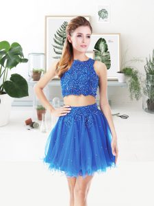 Royal Blue Two Pieces Organza Scoop Sleeveless Beading Knee Length Zipper