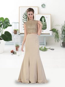 Super Mermaid Floor Length Champagne Prom Gown High-neck Sleeveless Backless