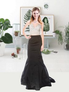 Fine Sleeveless Satin Floor Length Zipper Evening Dress in Black and Silver with Sequins