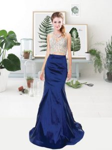 Fashionable Mermaid Royal Blue Zipper V-neck Sequins Prom Party Dress Satin Sleeveless Brush Train