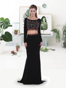Embroidery Prom Evening Gown Black Backless Sleeveless With Brush Train