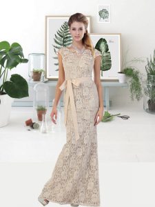 Exquisite Champagne Zipper Halter Top Lace and Belt Prom Party Dress Lace Sleeveless Sweep Train