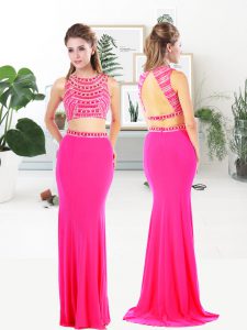 Scoop Hot Pink Sleeveless Chiffon Criss Cross Prom Gown for Prom and Party