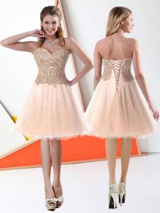 Peach Lace Up Sweetheart Beading and Appliques Prom Dresses Organza Sleeveless