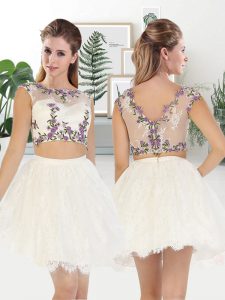 Attractive Scalloped White Two Pieces Appliques Prom Party Dress Zipper Lace Sleeveless Knee Length