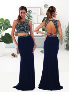 Scoop Floor Length Criss Cross Prom Gown Navy Blue for Prom and Party with Beading