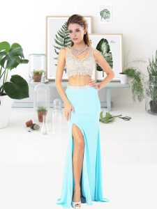 Suitable Elastic Woven Satin V-neck Sleeveless Sweep Train Zipper Sequins Prom Party Dress in Turquoise