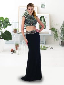 Top Selling Black Satin Zipper High-neck Sleeveless With Train Prom Gown Sweep Train Beading and Embroidery