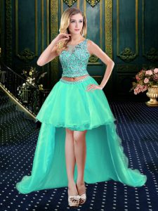 Gorgeous Turquoise Scoop Zipper Appliques Prom Gown Sleeveless