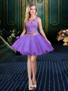 Designer Scoop Sleeveless Mini Length Appliques Zipper Evening Dress with Lavender