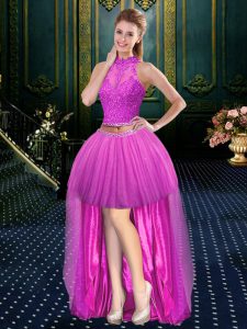 Sweet Fuchsia Sleeveless Embroidery and Pleated Mini Length Prom Party Dress