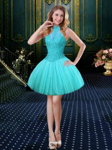 Sleeveless Organza Mini Length Zipper Dress for Prom in Royal Blue with Embroidery and Pleated