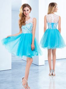 Fine Scoop Mini Length Lace Up Prom Dresses Aqua Blue for Prom and Party with Embroidery