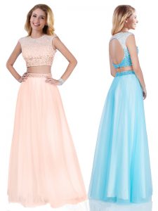 Pink Satin Backless Scoop Sleeveless Floor Length Prom Dresses Beading and Belt