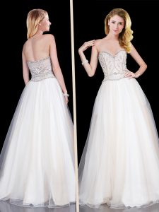 Sleeveless Organza Floor Length Zipper Prom Dresses in White with Beading
