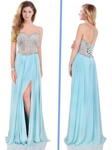 Latest Sleeveless Sweep Train Beading Lace Up Prom Gown