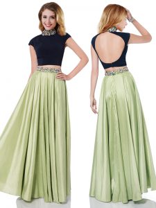 Floor Length Backless Homecoming Dress Black and Yellow Green for Prom and Party with Beading and Belt