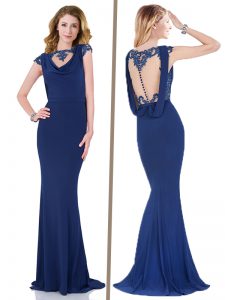 Shining Navy Blue Bateau Neckline Appliques Prom Evening Gown Sleeveless Clasp Handle