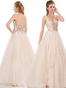 Baby Pink A-line V-neck Sleeveless Organza Floor Length Backless Beading Prom Party Dress
