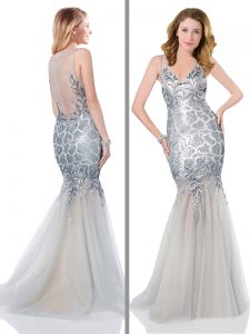 Inexpensive Mermaid Silver Prom Gown Straps Sleeveless Sweep Train Backless
