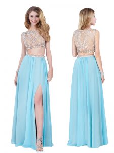 High End Scoop Blue Sleeveless Chiffon Zipper Prom Dress for Prom and Party