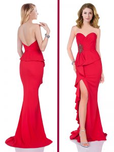 Red Sleeveless Satin Brush Train Backless Prom Gown for Prom and Party