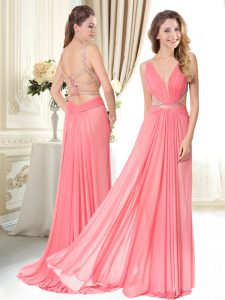 Noble Red Empire Chiffon V-neck Sleeveless Belt Floor Length Criss Cross Prom Party Dress