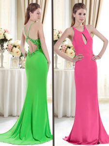 Hot Sale Scoop Sleeveless Satin Brush Train Criss Cross Prom Dresses for Prom and Party