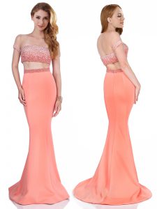 Affordable Orange Empire Off The Shoulder Sleeveless Satin Brush Train Zipper Beading Dress for Prom