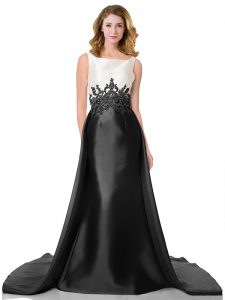 Glorious Sleeveless Satin Court Train Zipper Evening Dress in Black with Appliques