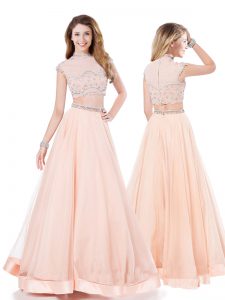 Pink Zipper Dress for Prom Beading and Belt Short Sleeves Floor Length